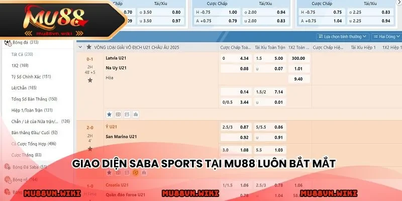 Giao diện Saba Sports tại MU88 luôn bắt mắt