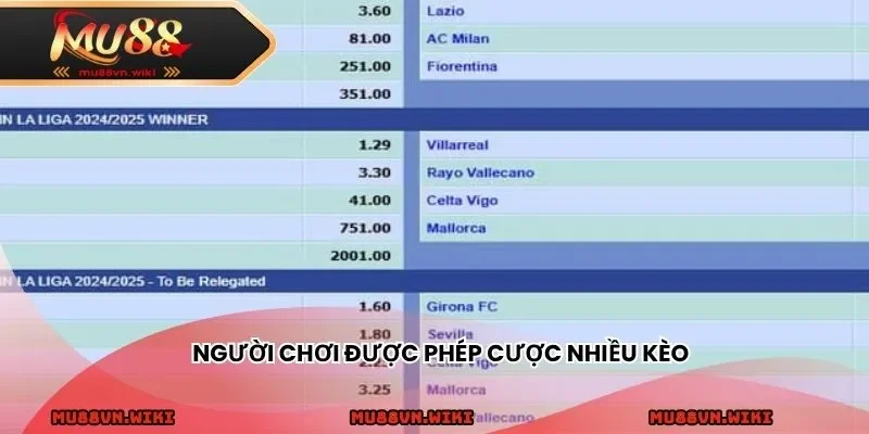 Người chơi được phép cược nhiều kèo